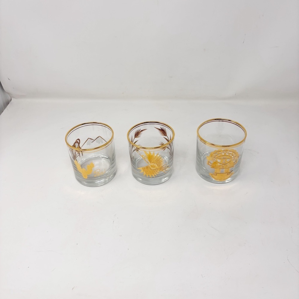LAS AMERICAS Set Of 3 Oro Gold 14K Peru Whiskey Glasses Inca Design Tumbler 3.5”
